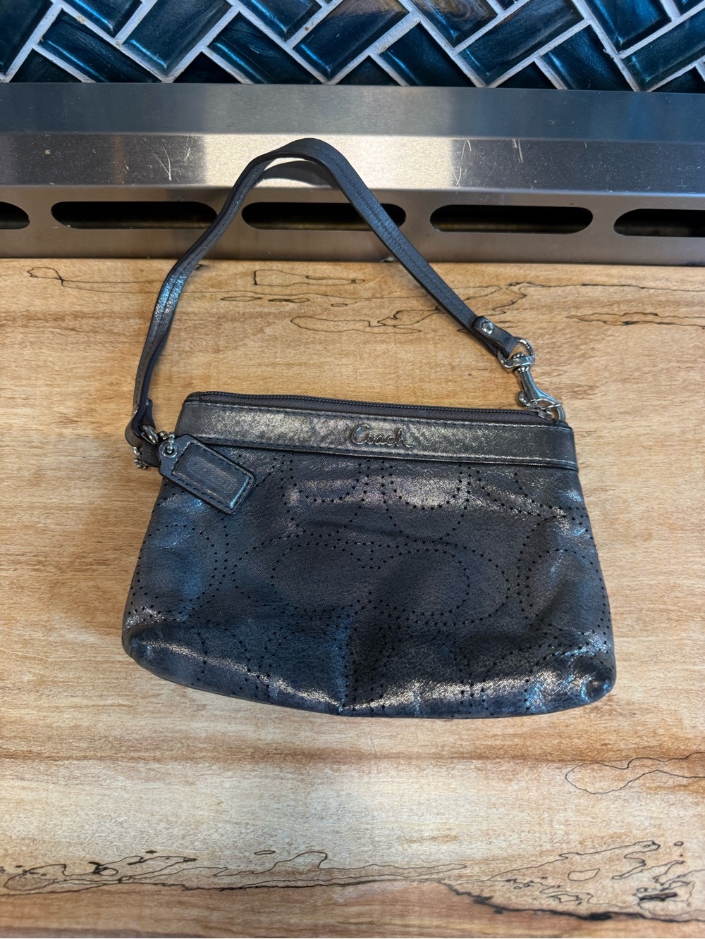 Coach  Gunmetal Perforated Signature Leather Wristlet
